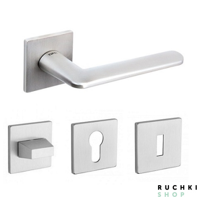 Фото ручки Элиптика на квадратной розетке с фиксатором и накладками под ключевой цилиндр в цвете матовый хром