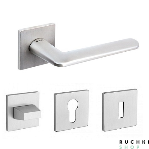 Фото ручки Элиптика на квадратной розетке с фиксатором и накладками под ключевой цилиндр в цвете матовый хром