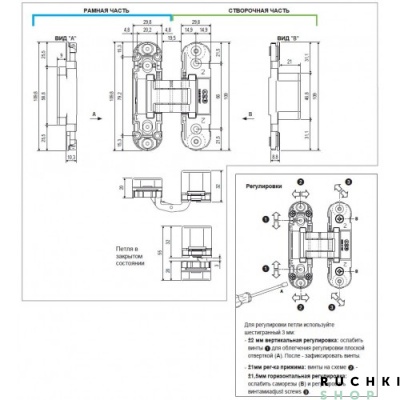схема установки петля скрытая AGB ECLIPSE 2.0 + комплект накладок 110х30х20, Хром, AGB