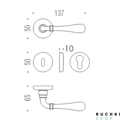 Схематическое изображение и размеры дверной ручки Ида, Коломбо, Италия.